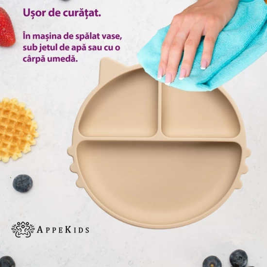 Farfurie compartimentata din silicon cu ventuza AppeKids Kitty Bubble Beige Farfurie compartimentata din silicon cu ventuza AppeKids Kitty Bubble Beige