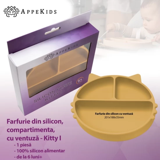 Farfurie compartimentata din silicon cu ventuza AppeKids Kitty Honey Farfurie compartimentata din silicon cu ventuza AppeKids Kitty Honey