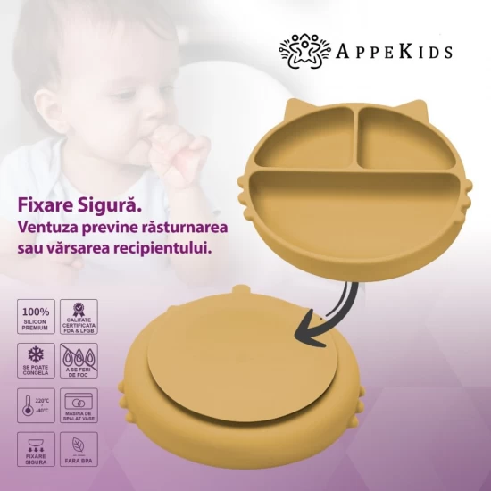 Farfurie compartimentata din silicon cu ventuza AppeKids Kitty Honey Farfurie compartimentata din silicon cu ventuza AppeKids Kitty Honey