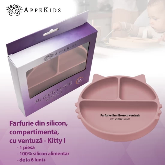 Farfurie compartimentata din silicon cu ventuza AppeKids Kitty Old Rose Farfurie compartimentata din silicon cu ventuza AppeKids Kitty Old Rose