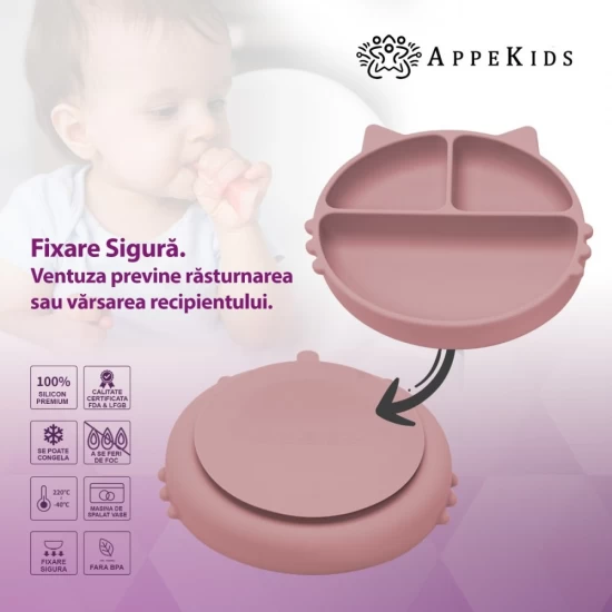 Farfurie compartimentata din silicon cu ventuza AppeKids Kitty Old Rose Farfurie compartimentata din silicon cu ventuza AppeKids Kitty Old Rose