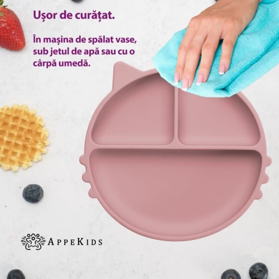 Farfurie compartimentata din silicon cu ventuza AppeKids Kitty Old Rose Farfurie compartimentata din silicon cu ventuza AppeKids Kitty Old Rose