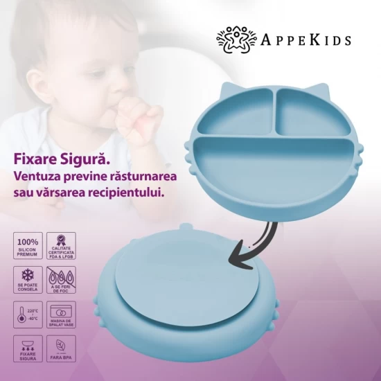 Farfurie compartimentata din silicon cu ventuza AppeKids Kitty Aqua Blue Farfurie compartimentata din silicon cu ventuza AppeKids Kitty Aqua Blue