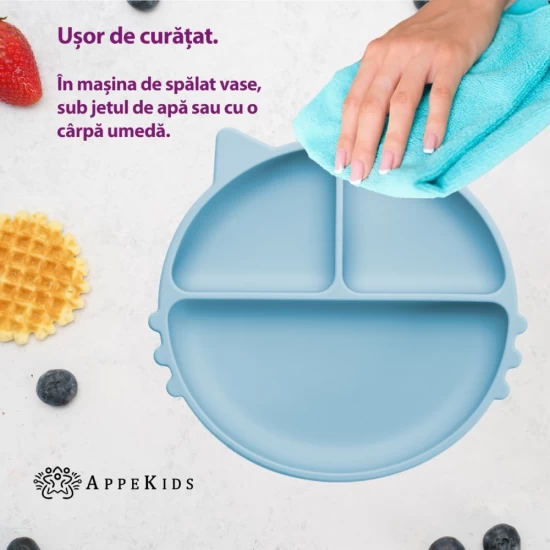 Farfurie compartimentata din silicon cu ventuza AppeKids Kitty Aqua Blue Farfurie compartimentata din silicon cu ventuza AppeKids Kitty Aqua Blue