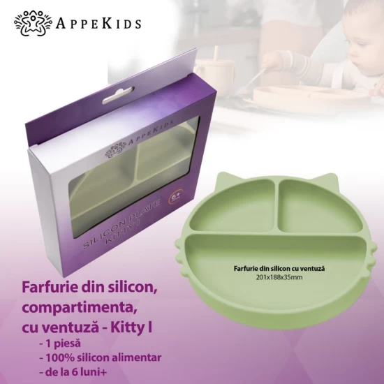 Farfurie compartimentata din silicon cu ventuza AppeKids Kitty Raw Green Farfurie compartimentata din silicon cu ventuza AppeKids Kitty Raw Green