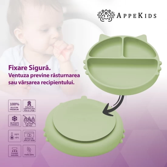 Farfurie compartimentata din silicon cu ventuza AppeKids Kitty Raw Green Farfurie compartimentata din silicon cu ventuza AppeKids Kitty Raw Green