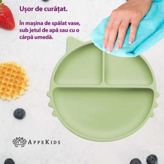 Farfurie compartimentata din silicon cu ventuza AppeKids Kitty Raw Green Farfurie compartimentata din silicon cu ventuza AppeKids Kitty Raw Green