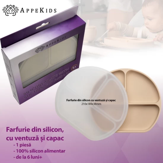 Farfurie compartimentata din silicon cu ventuza si capac AppeKids Bubble Beige Farfurie compartimentata din silicon cu ventuza si capac AppeKids Bubble Beige