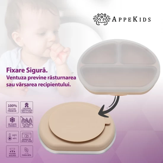 Farfurie compartimentata din silicon cu ventuza si capac AppeKids Bubble Beige Farfurie compartimentata din silicon cu ventuza si capac AppeKids Bubble Beige