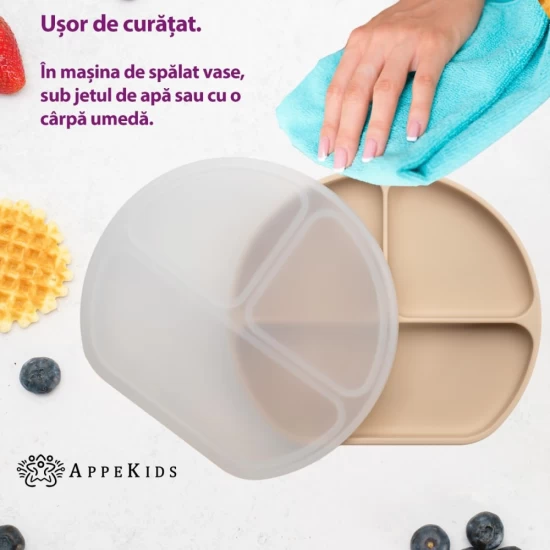 Farfurie compartimentata din silicon cu ventuza si capac AppeKids Bubble Beige Farfurie compartimentata din silicon cu ventuza si capac AppeKids Bubble Beige