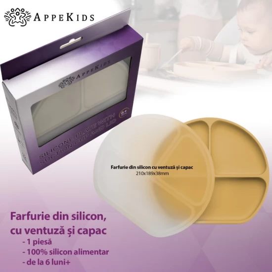 Farfurie compartimentata din silicon cu ventuza si capac AppeKids Honey Farfurie compartimentata din silicon cu ventuza si capac AppeKids Honey