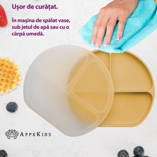 Farfurie compartimentata din silicon cu ventuza si capac AppeKids Honey Farfurie compartimentata din silicon cu ventuza si capac AppeKids Honey