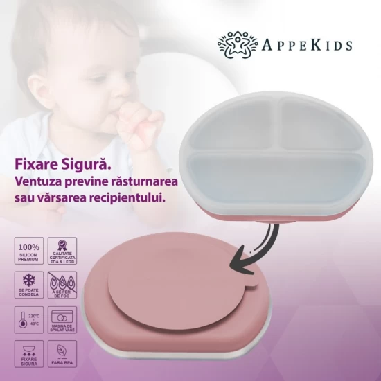 Farfurie compartimentata din silicon cu ventuza si capac AppeKids Old Rose Farfurie compartimentata din silicon cu ventuza si capac AppeKids Old Rose