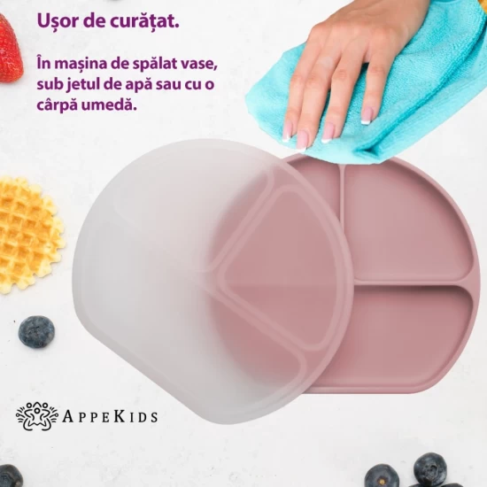 Farfurie compartimentata din silicon cu ventuza si capac AppeKids Old Rose Farfurie compartimentata din silicon cu ventuza si capac AppeKids Old Rose