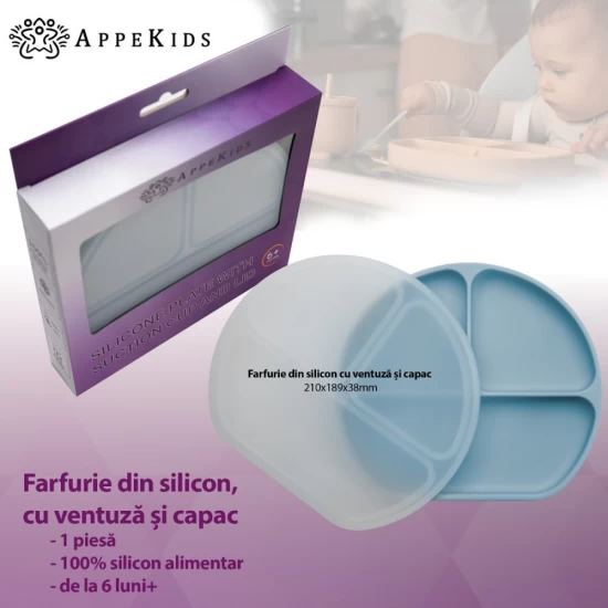 Farfurie compartimentata din silicon cu ventuza si capac AppeKids Aqua Blue Farfurie compartimentata din silicon cu ventuza si capac AppeKids Aqua Blue