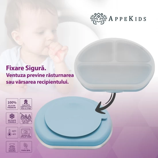 Farfurie compartimentata din silicon cu ventuza si capac AppeKids Aqua Blue Farfurie compartimentata din silicon cu ventuza si capac AppeKids Aqua Blue