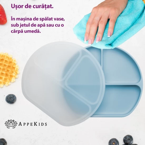 Farfurie compartimentata din silicon cu ventuza si capac AppeKids Aqua Blue Farfurie compartimentata din silicon cu ventuza si capac AppeKids Aqua Blue