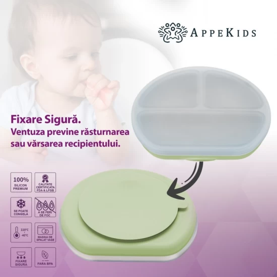 Farfurie compartimentata din silicon cu ventuza si capac AppeKids Raw Green Farfurie compartimentata din silicon cu ventuza si capac AppeKids Raw Green