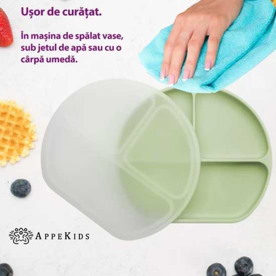 Farfurie compartimentata din silicon cu ventuza si capac AppeKids Raw Green Farfurie compartimentata din silicon cu ventuza si capac AppeKids Raw Green