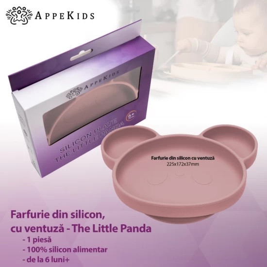 Farfurie din silicon cu ventuza AppeKids Panda Old Rose Farfurie din silicon cu ventuza AppeKids Panda Old Rose