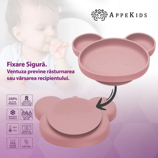 Farfurie din silicon cu ventuza AppeKids Panda Old Rose Farfurie din silicon cu ventuza AppeKids Panda Old Rose