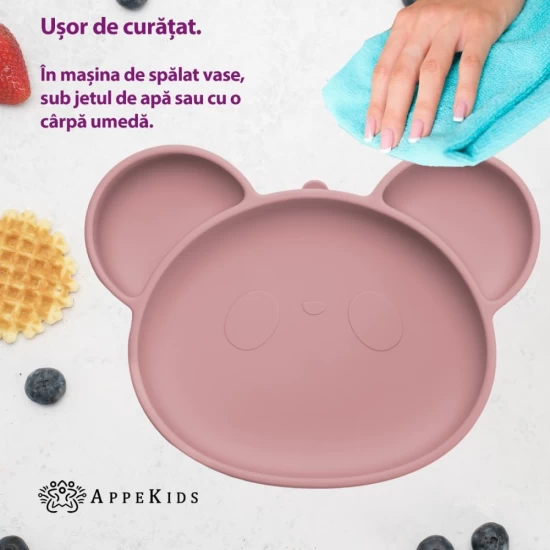 Farfurie din silicon cu ventuza AppeKids Panda Old Rose Farfurie din silicon cu ventuza AppeKids Panda Old Rose