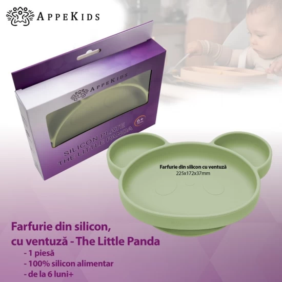 Farfurie din silicon cu ventuza AppeKids Panda Raw Green Farfurie din silicon cu ventuza AppeKids Panda Raw Green