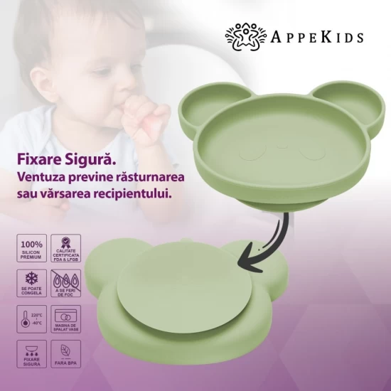 Farfurie din silicon cu ventuza AppeKids Panda Raw Green Farfurie din silicon cu ventuza AppeKids Panda Raw Green