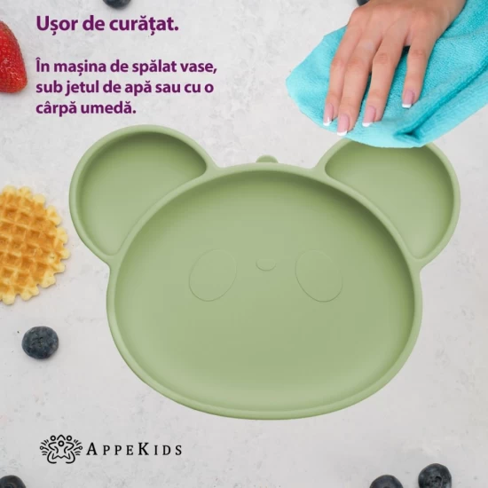 Farfurie din silicon cu ventuza AppeKids Panda Raw Green Farfurie din silicon cu ventuza AppeKids Panda Raw Green