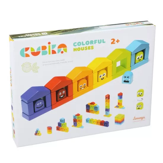 Jucarie din lemn Cubika - Casutele vesele Jucarie din lemn Cubika - Casutele vesele