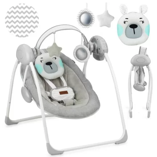 Leagan pentru bebelusi MoMi Liss Bear Gri/Turcoaz cu 5 viteze de balansare Leagan pentru bebelusi MoMi Liss Bear Gri/Turcoaz cu 5 viteze de balansare