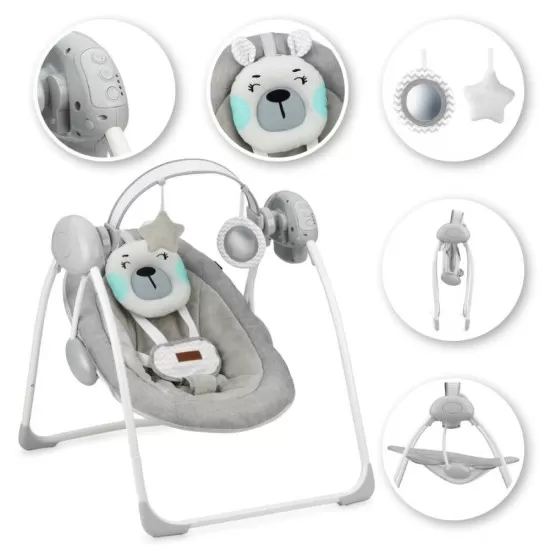 Leagan pentru bebelusi MoMi Liss Bear Gri/Turcoaz cu 5 viteze de balansare Leagan pentru bebelusi MoMi Liss Bear Gri/Turcoaz cu 5 viteze de balansare