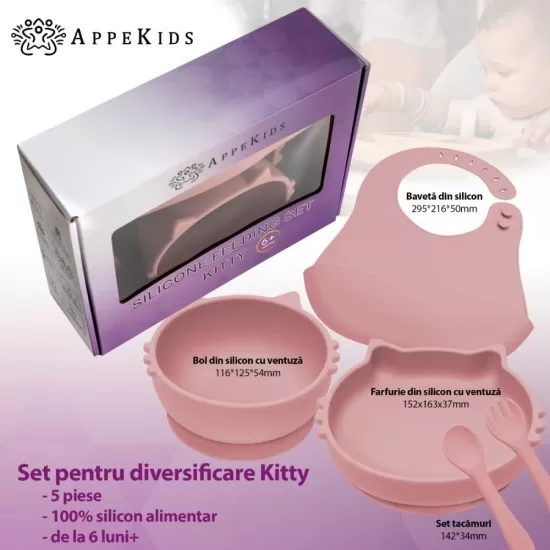 Set Diversificare, AppeKids, 100% Silicon, Kitty - Old Rose Set Diversificare, AppeKids, 100% Silicon, Kitty - Old Rose