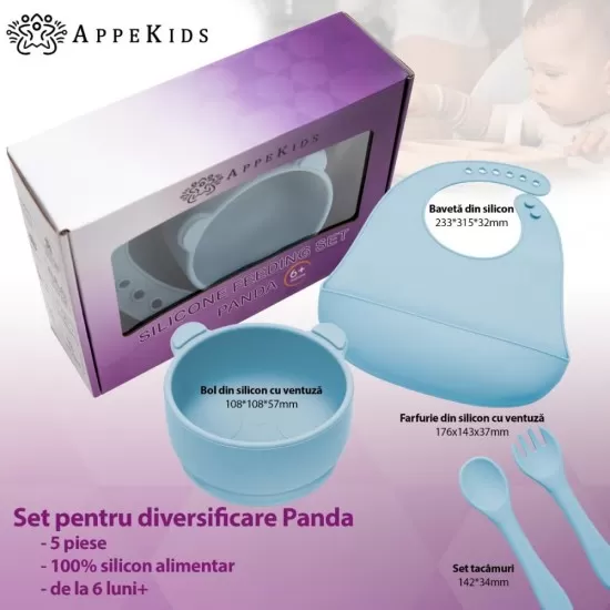 Set Diversificare, AppeKids, 100% Silicon, Panda - Aqua Blue Set Diversificare, AppeKids, 100% Silicon, Panda - Aqua Blue