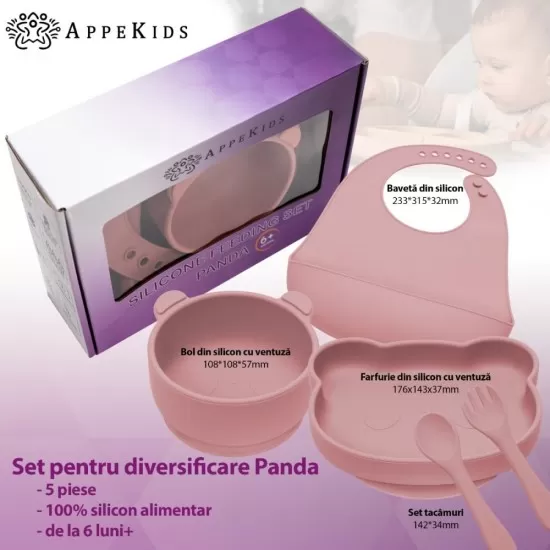 Set Diversificare, AppeKids, 100% Silicon, Panda - Old Rose Set Diversificare, AppeKids, 100% Silicon, Panda - Old Rose