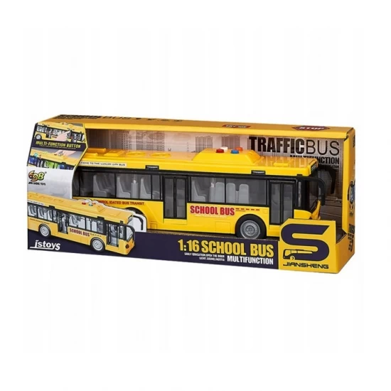 Autobuz scolar 28 cm cu sunete, lumini si functie usi deschise galben Autobuz scolar 28 cm cu sunete, lumini si functie usi deschise galben