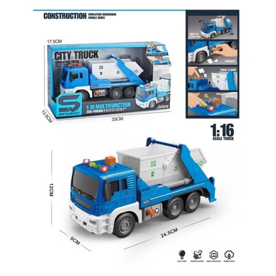 Camion de gunoi cu sunete, lumini si bena basculanta, scara 1: 16, albastru Camion de gunoi cu sunete, lumini si bena basculanta, scara 1: 16, albastru