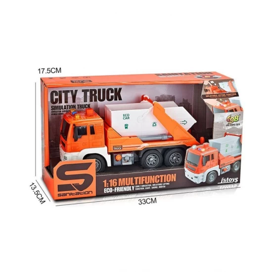 Camion de gunoi cu sunete, lumini si bena basculanta, scara 1: 16, portocaliu Camion de gunoi cu sunete, lumini si bena basculanta, scara 1: 16, portocaliu