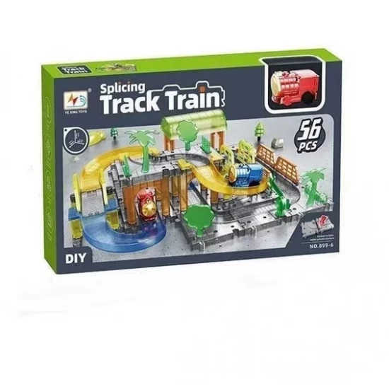 Set asamblare circuit cu locomotiva electrica, statie si pod 56 piese Set asamblare circuit cu locomotiva electrica, statie si pod 56 piese