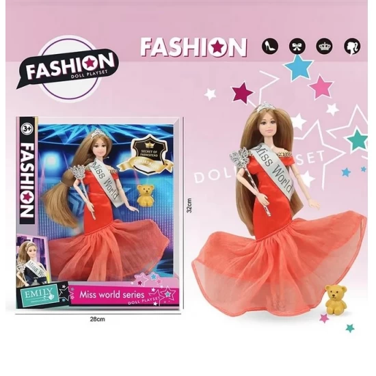 Set papusa Emily Miss World cu rochita rosie si figurina ursulet Set papusa Emily Miss World cu rochita rosie si figurina ursulet