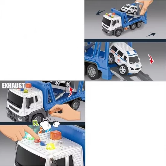 Vehicul de tractare 26 cm cu sunete, lumini si masinuta politie Vehicul de tractare 26 cm cu sunete, lumini si masinuta politie