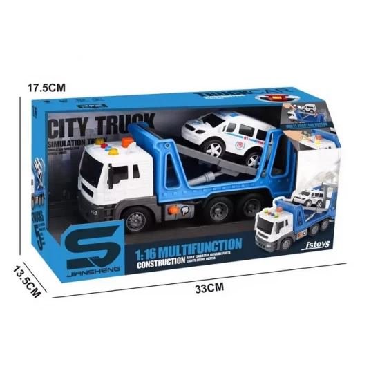 Vehicul de tractare 26 cm cu sunete, lumini si masinuta politie Vehicul de tractare 26 cm cu sunete, lumini si masinuta politie