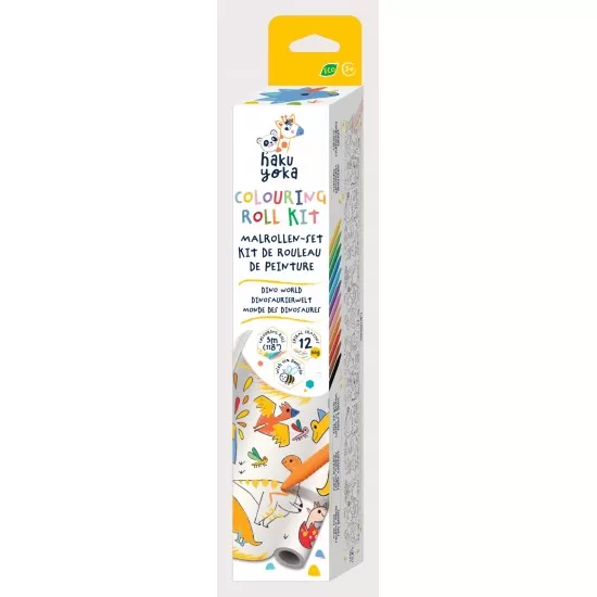 Kit rola de desenat 3 m si 12 creioane colorate cerate Haku Yoka - Dinozauri
