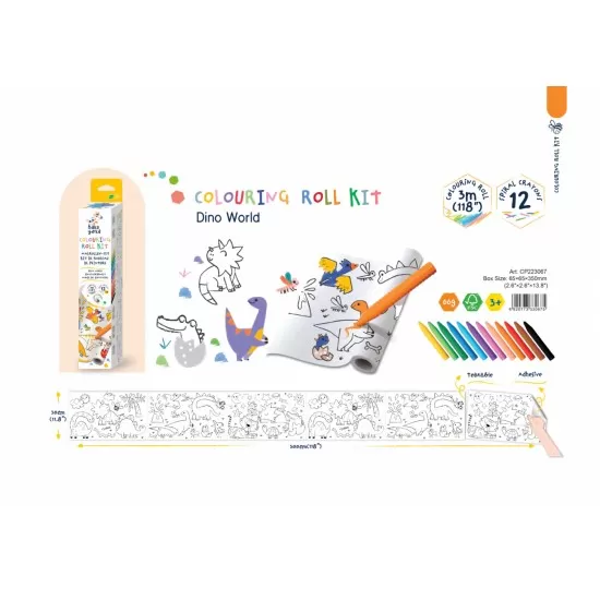 Kit rola de desenat 3 m si 12 creioane colorate cerate Haku Yoka - Dinozauri