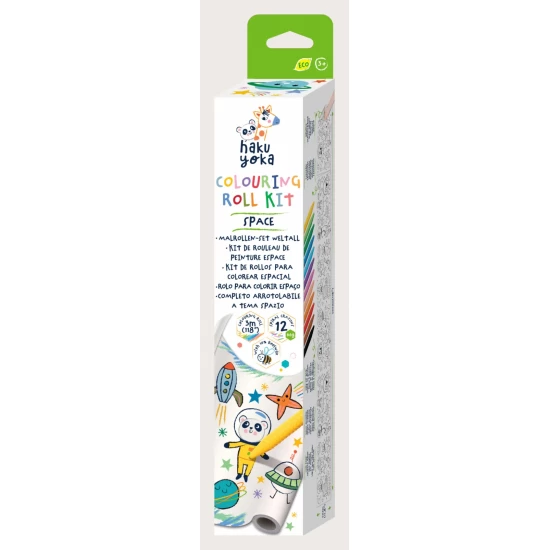 Kit rola de desenat autoadeziva 3 m si 12 creioane colorate cerate, Spatiu - Haku Yoka Kit rola de desenat autoadeziva 3 m si 12 creioane colorate cerate, Spatiu - Haku Yoka