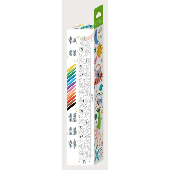 Kit rola de desenat autoadeziva 3 m si 12 creioane colorate cerate, Spatiu - Haku Yoka Kit rola de desenat autoadeziva 3 m si 12 creioane colorate cerate, Spatiu - Haku Yoka