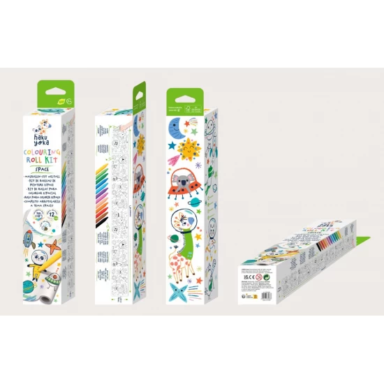 Kit rola de desenat autoadeziva 3 m si 12 creioane colorate cerate, Spatiu - Haku Yoka Kit rola de desenat autoadeziva 3 m si 12 creioane colorate cerate, Spatiu - Haku Yoka