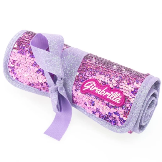 Penar rulabil Girabrilla cu paiete reversibile si set 12 pixuri gel + 6 markere duble Pink
