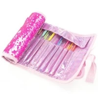 Penar rulabil Girabrilla cu paiete reversibile si set 12 pixuri gel + 6 markere duble Fuchsia