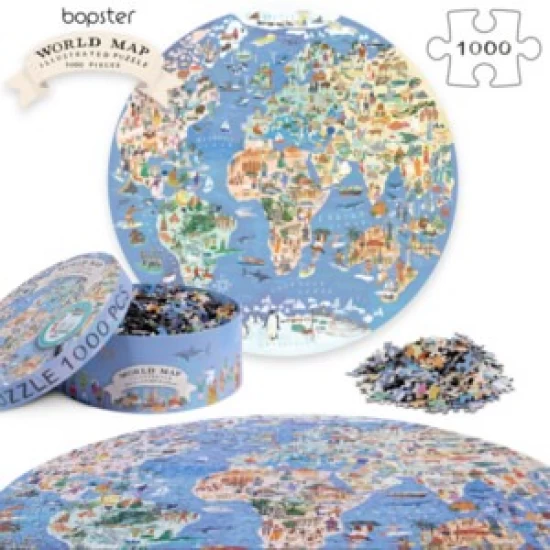 Puzzle rotund -  Harta Ilustrata a Lumii, 1000 de piese, Boppi